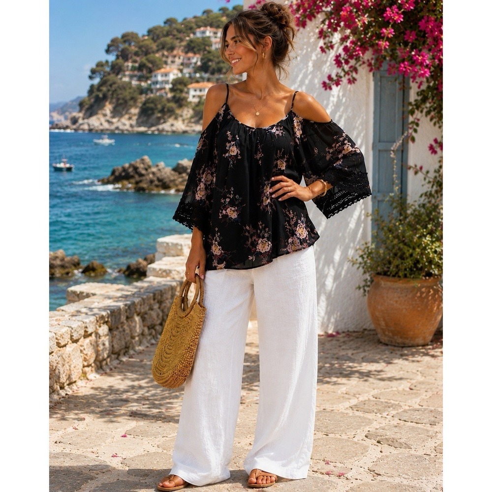 Xhileration Black Floral Cold Shoulder Top Womens Boho Sheer Coastal Bell DD38